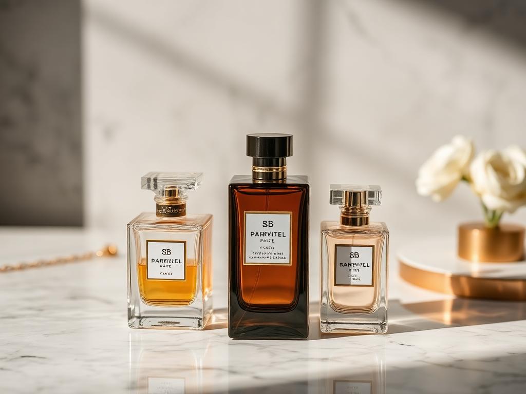Perfume bottles on a marble vanity