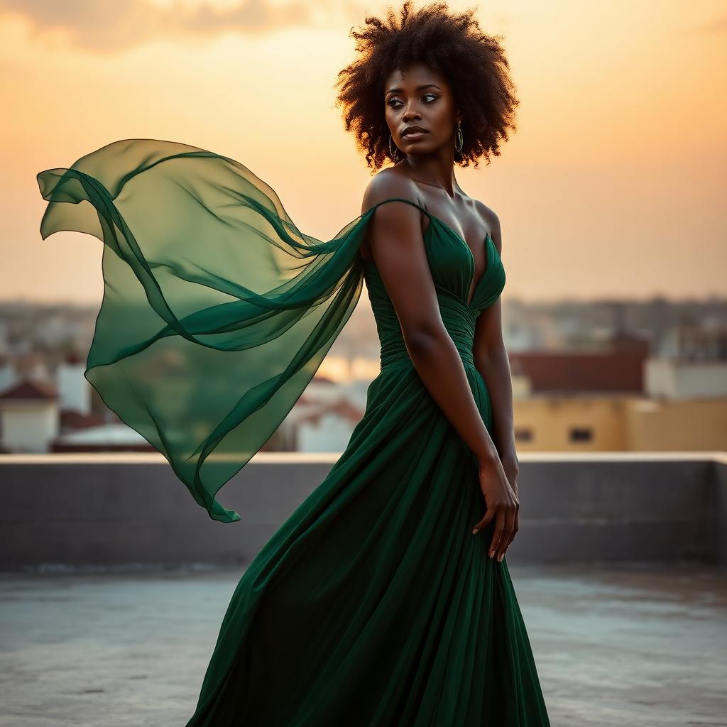 Black African woman with a natural afro modeling a flowing emerald green couture gown on a Lagos rooftop at golden hour for Avenue. Fashion